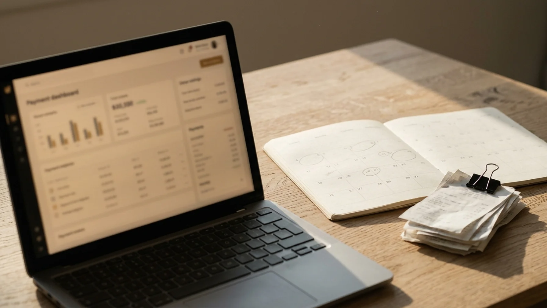 A payment dashboard on a laptop screen beside a paper calendar with payout dates circled and a stack of receipts.