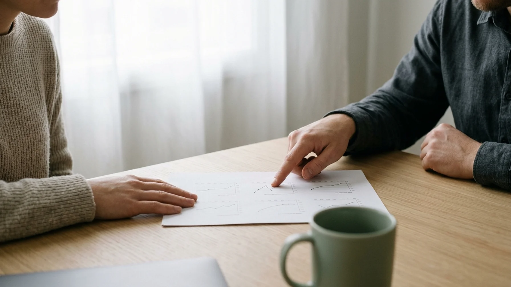 Two people reviewing a printed partner performance report across a table in a bright meeting room.